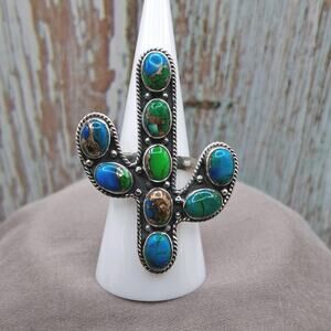 Sterling Silver Peacock Dahila Turquoise Cactus Ring Size 6.5-9 Southwestern